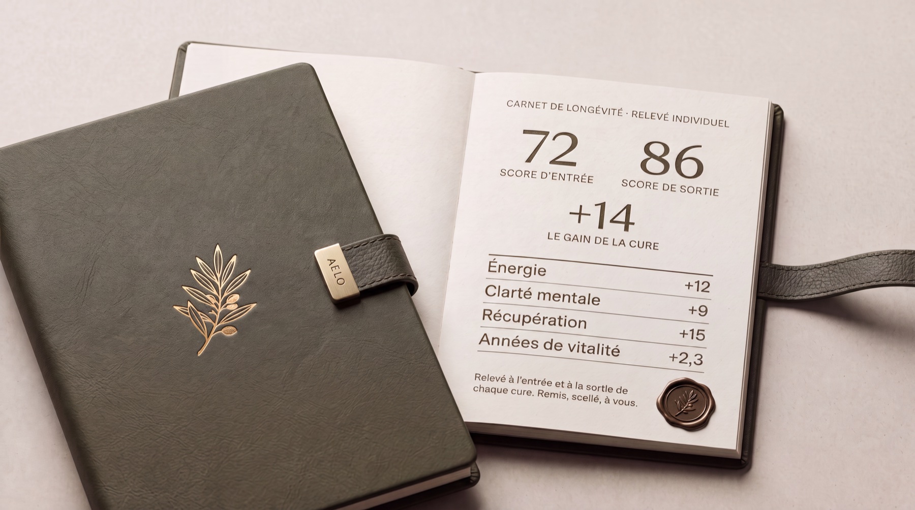 Le Carnet de Longévité AELO&nbsp;: carnet de cuir olive gaufré d’un rameau d’olivier, ouvert sur le relevé individuel, score d’entrée 72, score de sortie 86, le gain de la cure +14, scellé à la cire.