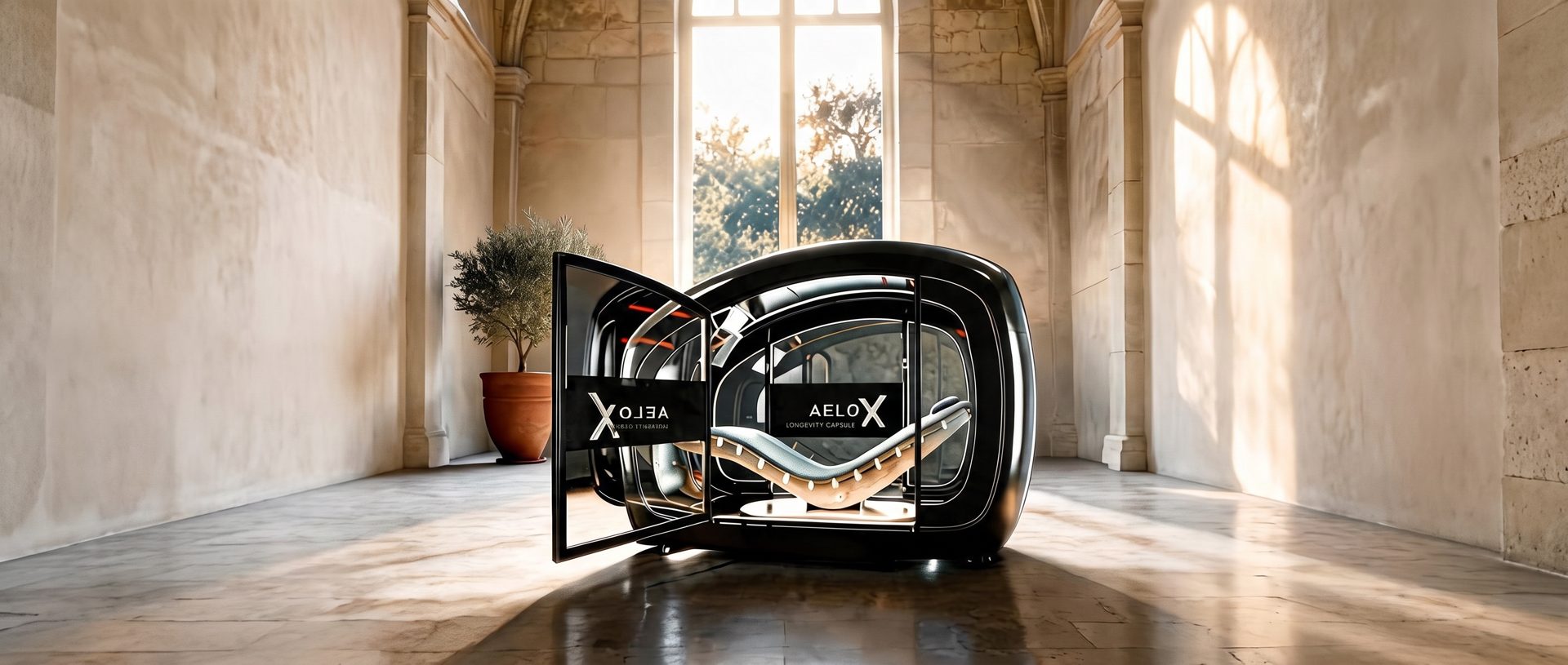 AeloX longevity capsule in a stone hall